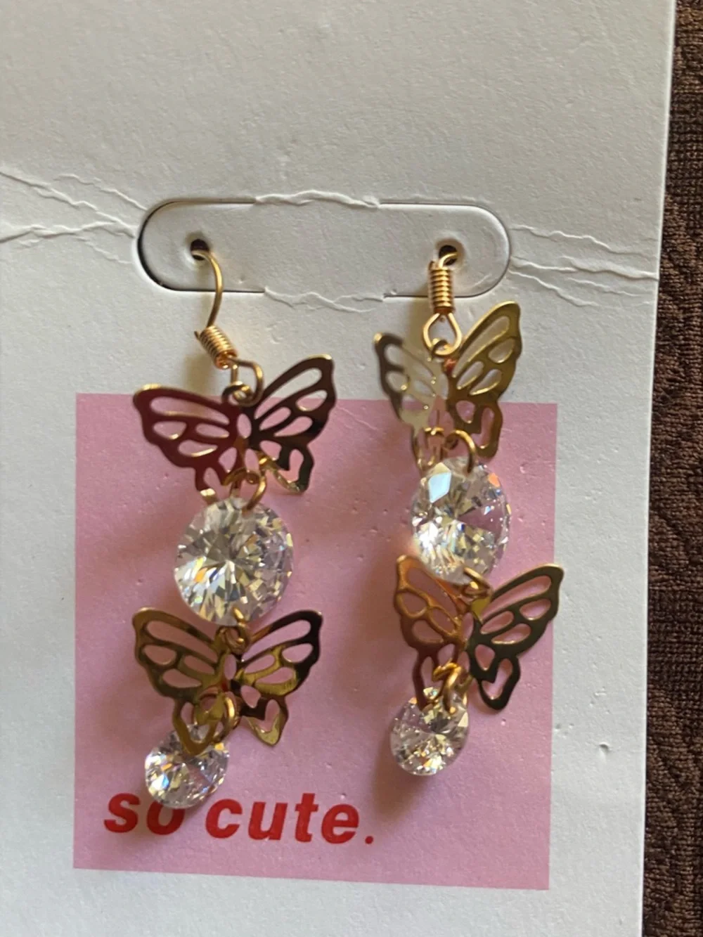 Gold Butterfly Dangle Earrings with Clear Crystals Rhinestone Drops Y2K - Picture 5 of 5